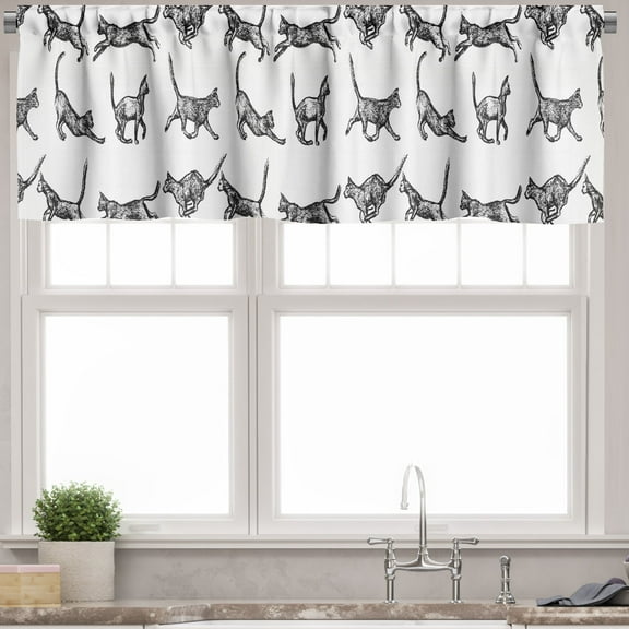 Ambesonne Charcoal Valance Pack of 2, Cat Lover Art Playful Pets, 42"X12", Charcoal Grey and White