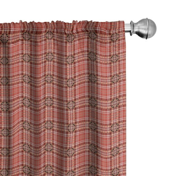 Ambesonne Checkered Window Curtains, White Lines and Cells, Each 28" W x 63" L, Dark Coral Orange White