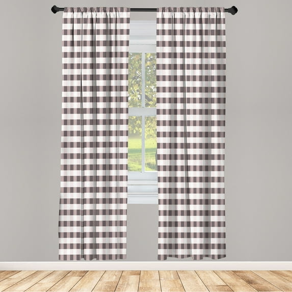 Ambesonne Checkered Curtains, Gingham Check Classic Art, Pair of 28"x63", Taupe White