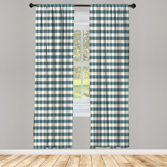 Ambesonne Checkered Curtains, Gingham Check Classic Art, Pair of 28"x63", Teal Ivory