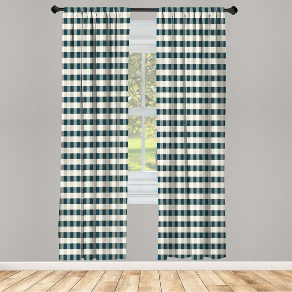 Ambesonne Checkered Curtains, Gingham Check Classic Art, Pair of 28"x95", Dark Teal