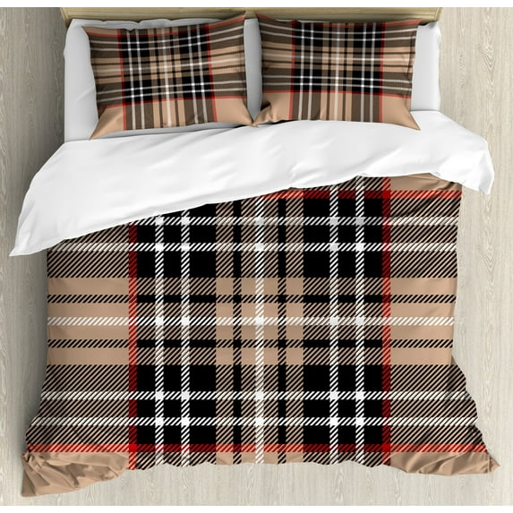 Ambesonne Checkered Duvet Cover Set, Classic British Plaid, 2-Calking, Pale Brown Orange White