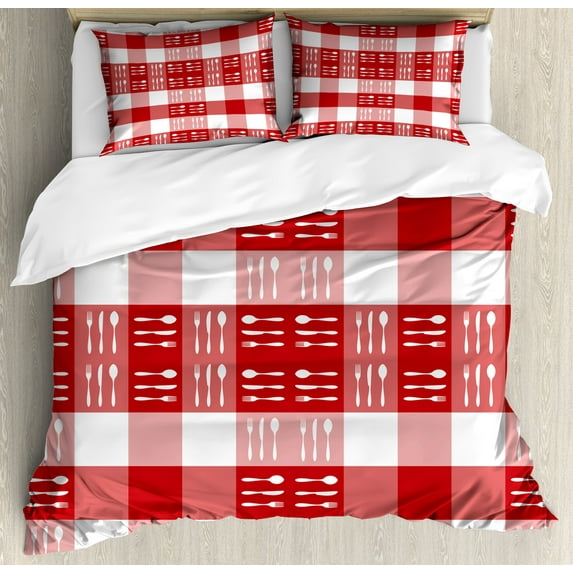 Ambesonne Checkered Duvet Cover Set, Cutlery Dining Tile, 2-Calking, Coral Dark Coral White