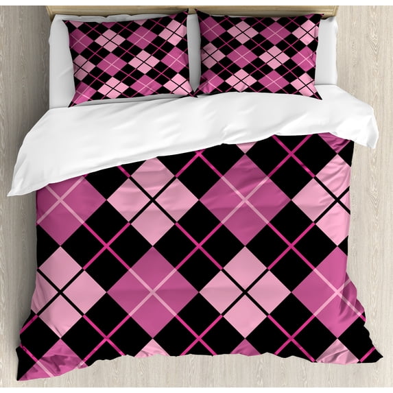 Ambesonne Checkered Duvet Cover Set, Geometric Feminine, 2-Calking, Pink Pale Pink Black