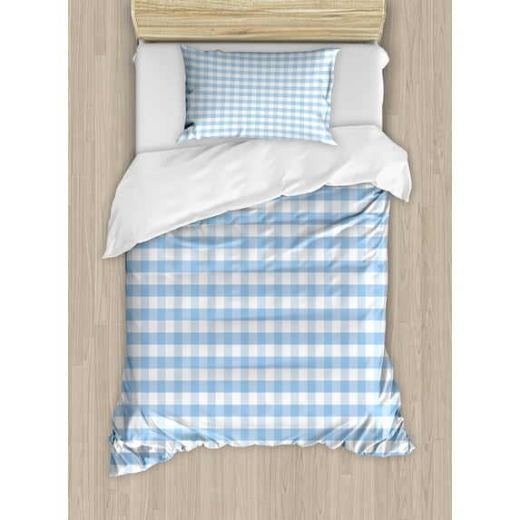 Ambesonne Checkered Duvet Cover Set, Pastel Rows Vintage, Twin, Pale Blue White