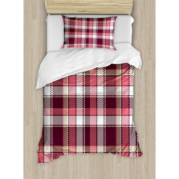 Ambesonne Checkered Duvet Cover Set, Retro Plaid Squares, Twin, Pink Maroon White