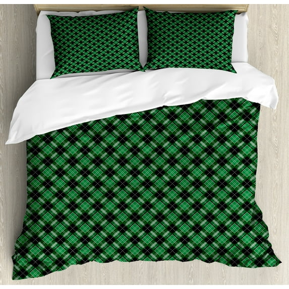 Ambesonne Checkered Duvet Cover Sets, Abstract Old Classic Art, 2-King, Black and Green