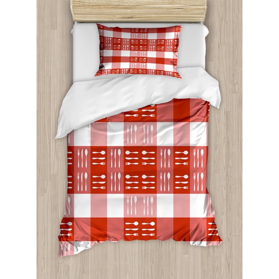 Ambesonne Checkered Duvet Cover Sets, Cutlery Dining Tile, 2-Twin, Coral Dark Coral White