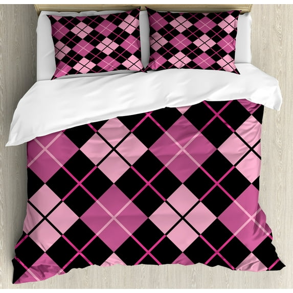 Ambesonne Checkered Duvet Cover Sets, Geometric Feminine, 2-King, Pink Pale Pink Black
