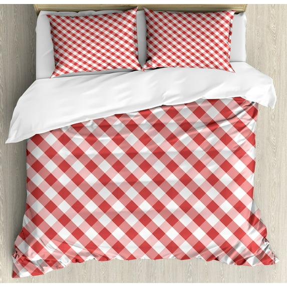 Ambesonne Checkered Duvet Cover Sets, Retro Red Squares, 2-Queen, Dark Coral Pale Pink