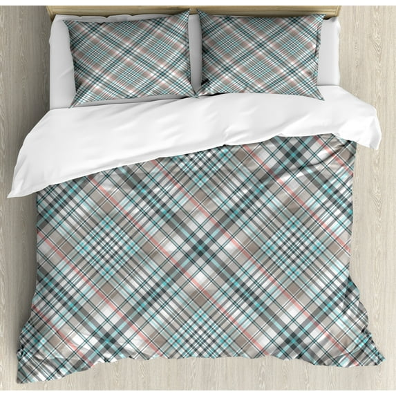 Ambesonne Checkered Duvet Cover Sets, Traditional Plaid, 2-Queen, Grey Pale Blue Pale Pink