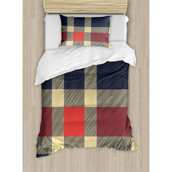 Ambesonne Checkered Duvet Cover Sets, Vintage Plaid Lines, 2-Twin, Dark Blue Coral Cream