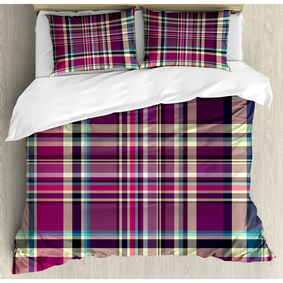 Ambesonne Checkered Duvet Cover Sets, Vintage Purple Retro, 2-Queen, Cream Blue Purple