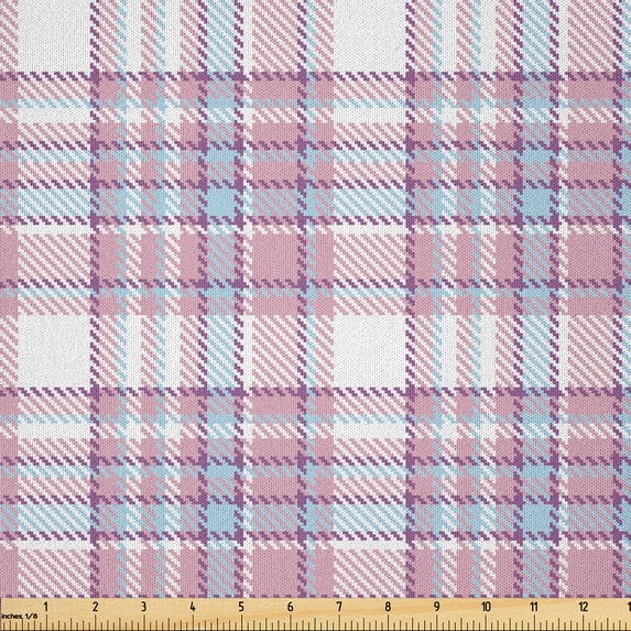 Ambesonne Checkered Fabric by the Yard Microfiber, Antique English Tile, 3 Yards, Lilac Purple Pale Blue