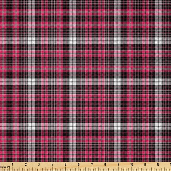Ambesonne Checkered Fabric by the Yard Microfiber, Geometric Old Tartan, 10 Yards, White Black Pink