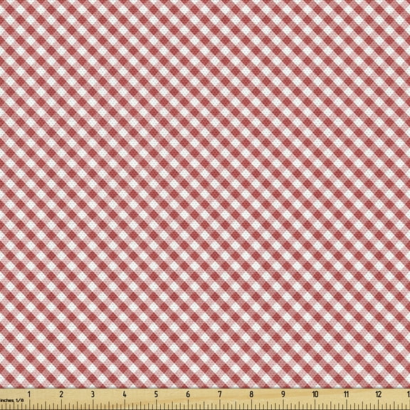 Ambesonne Checkered Fabric by the Yard Upholstery, Retro Red Squares, 1 Yard, Dark Coral Pale Pink
