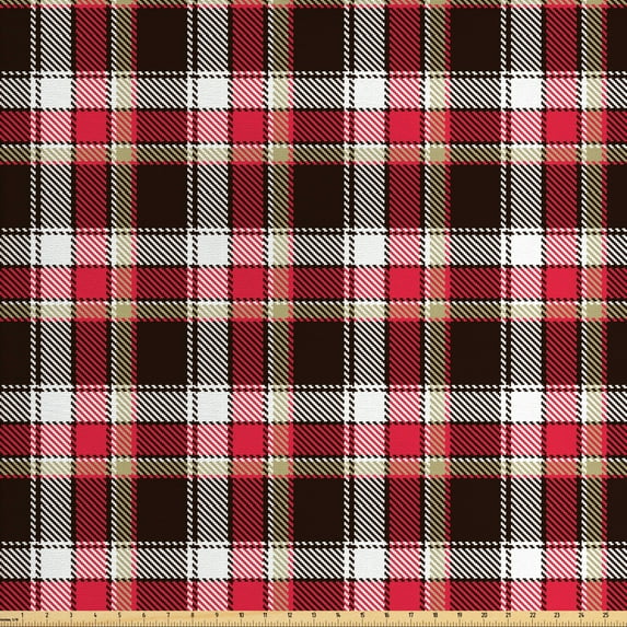 Ambesonne Checkered Fabric by the Yard Upholstery, Striped Old Fashioned, 3 Yards, Dark Coral White Brown