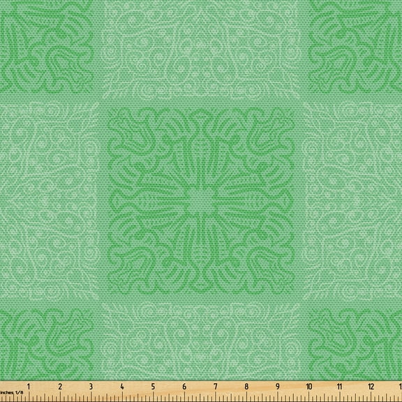 Ambesonne Checkered Fabric by the Yard Upholstery, Tribal Damask Look Swirls, 1 Yard, Shamrock Green