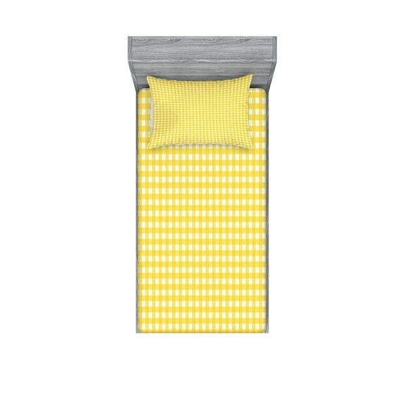 Ambesonne Checkered Fitted Sheet & Pillow Sham Set, Retro English Yellow, Twin, Yellow White