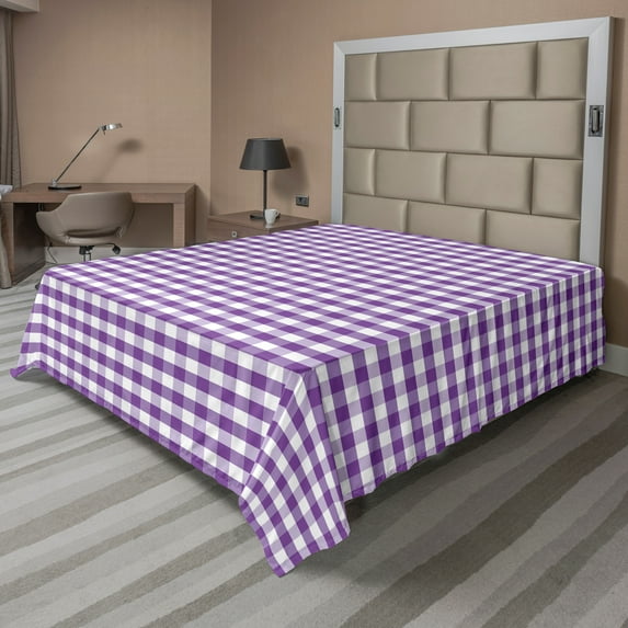 Ambesonne Checkered Flat Sheet, Gingham Vintage Style, California King, Purple White