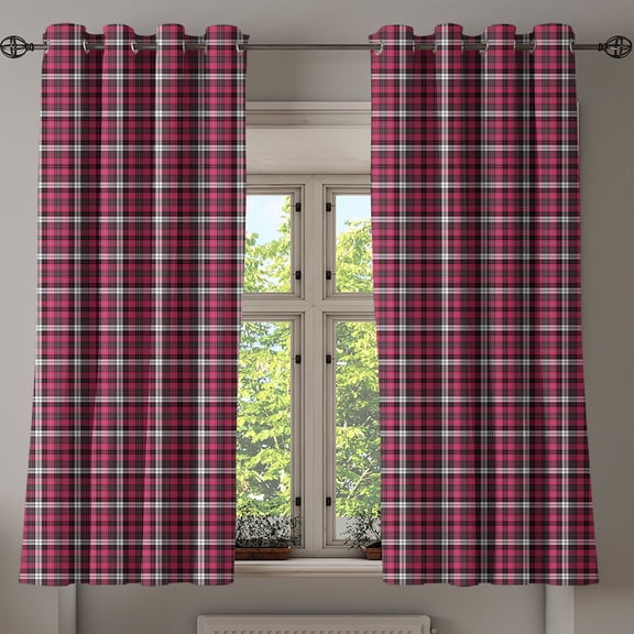 Ambesonne Checkered Grommet Curtain, Geometric Old Tartan, 50" x 54", White Black Pink