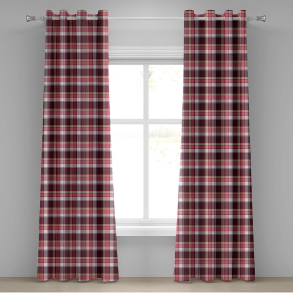 Ambesonne Checkered Grommet Curtain, Retro Plaid Squares, 50" x 84", Pink Maroon White