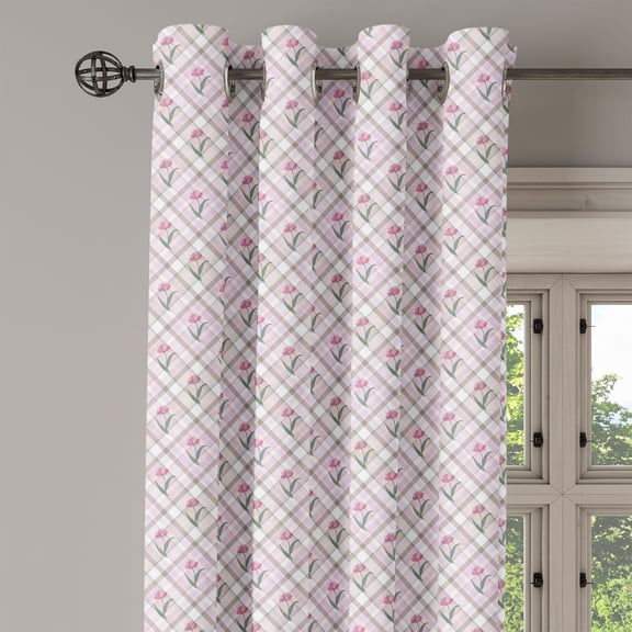 Ambesonne Checkered Grommet Curtain Single Panel, Diagonal Lines Floral, 50"x60", Mauve Pink Forest Green