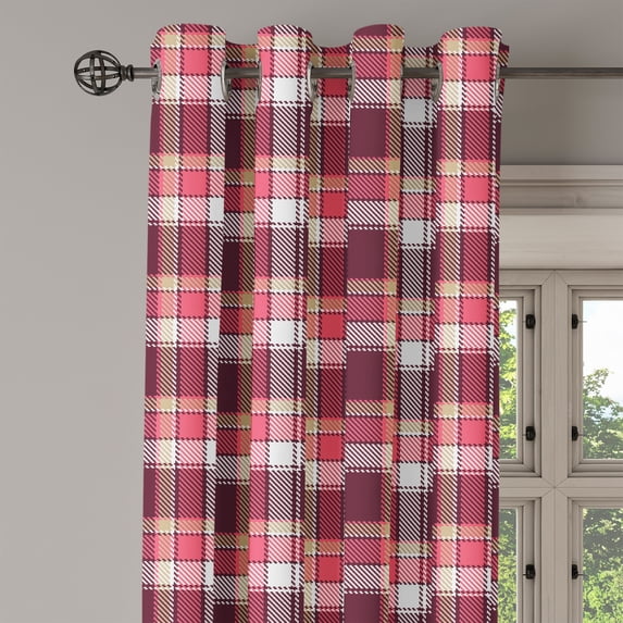 Ambesonne Checkered Grommet Curtain Single Panel, Retro Plaid Squares, 50"x60", Pink Maroon White