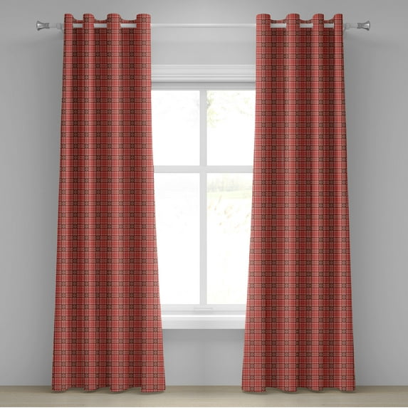 Ambesonne Checkered Grommet Curtain, White Lines and Cells, 50" x 120", Dark Coral Orange White