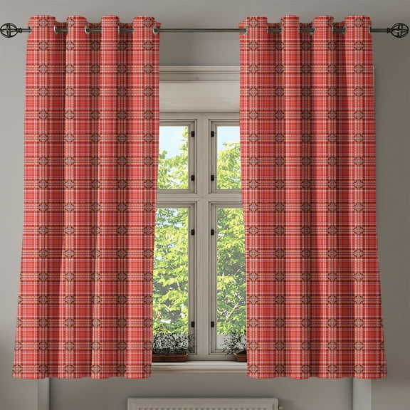 Ambesonne Checkered Grommet Curtain, White Lines and Cells, 50" x 54", Dark Coral Orange White