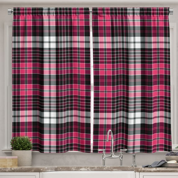 Ambesonne Checkered Kitchen Curtains, Geometric Old Tartan, 55"x39", White Black Pink