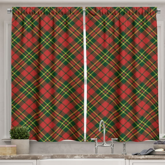 Ambesonne Checkered Kitchen Curtains, Irish Tartan Xmas, 55"x45", Emerald Yellow Vermilion