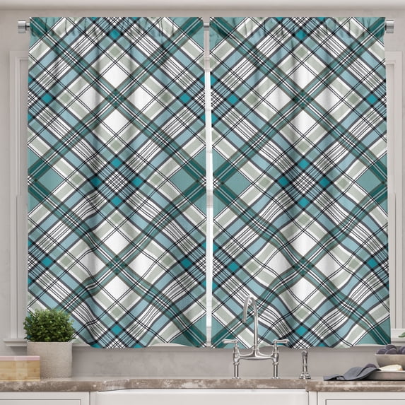 Ambesonne Checkered Kitchen Curtains, Modern Country Look, 55"x39", Aqua Pale Grey White
