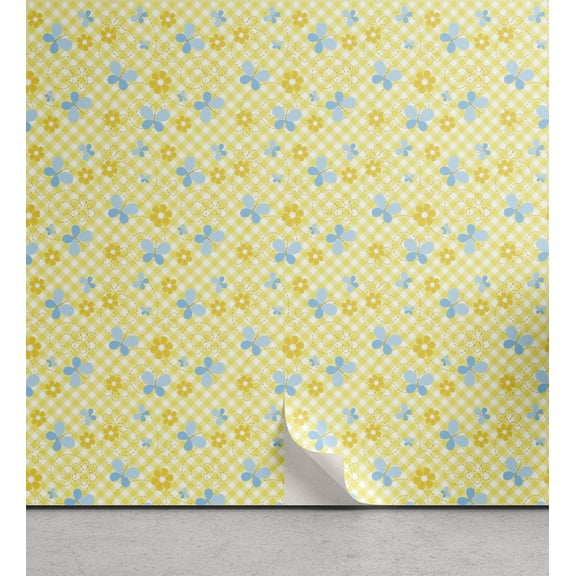 Ambesonne Checkered Peel & Stick Wallpaper for Home, Daisy Butterfly, 13"x72", Pale Blue Pale Blue