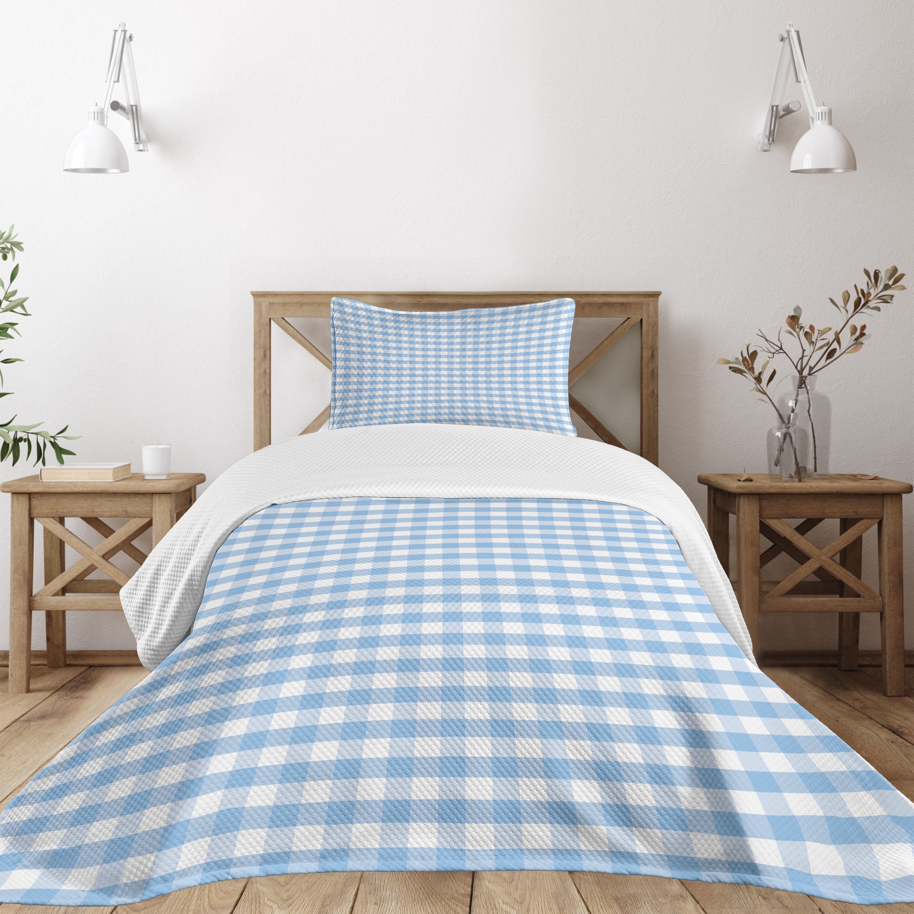 Twin White and Blue Checkered Polyester Bedspread Set