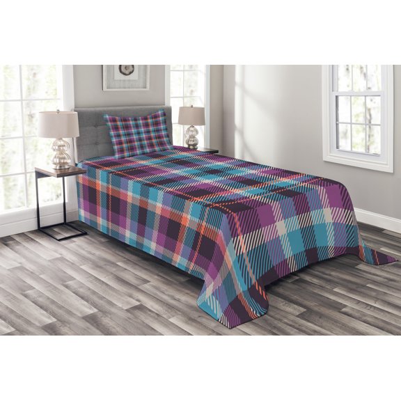 Ambesonne Checkered Quilted Bedspread Set 2 Pcs, Scotland Country Tile, Twin Size, Violet Pale Blue Salmon