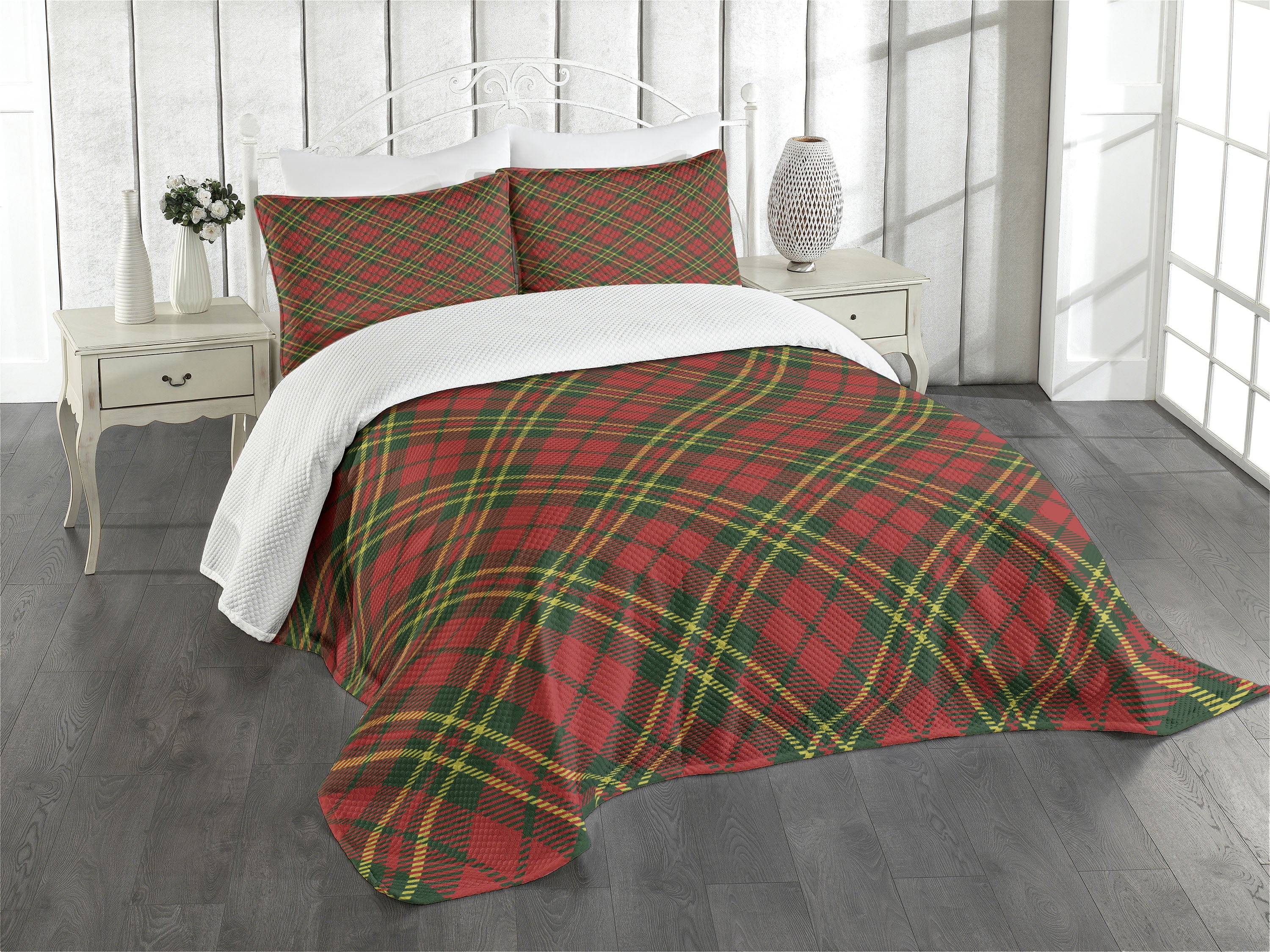 Emerald Yellow Vermilion Plaid Queen Bedspread Set
