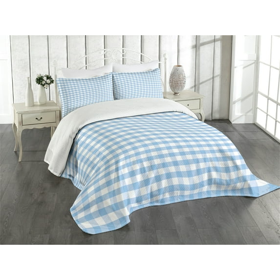 Ambesonne Checkered Quilted Bedspread Set 3 Pcs, Pastel Rows Vintage, King Size, Pale Blue White