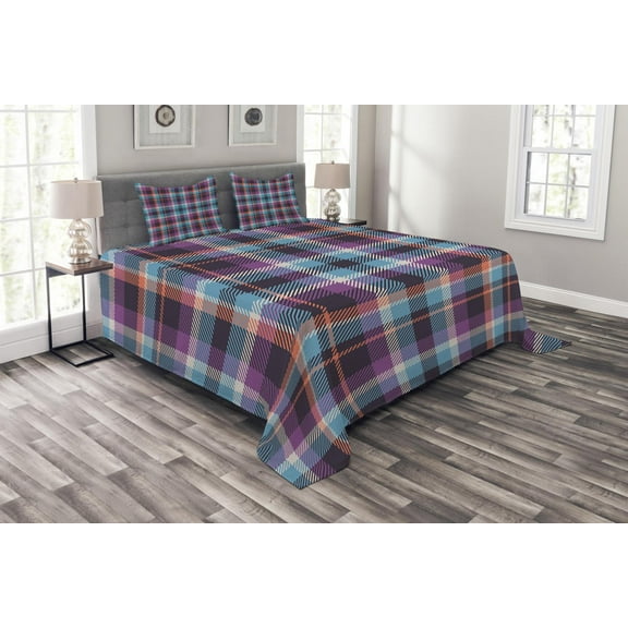 Ambesonne Checkered Quilted Bedspread Set 3 Pcs, Scotland Country Tile, King Size, Violet Pale Blue Salmon