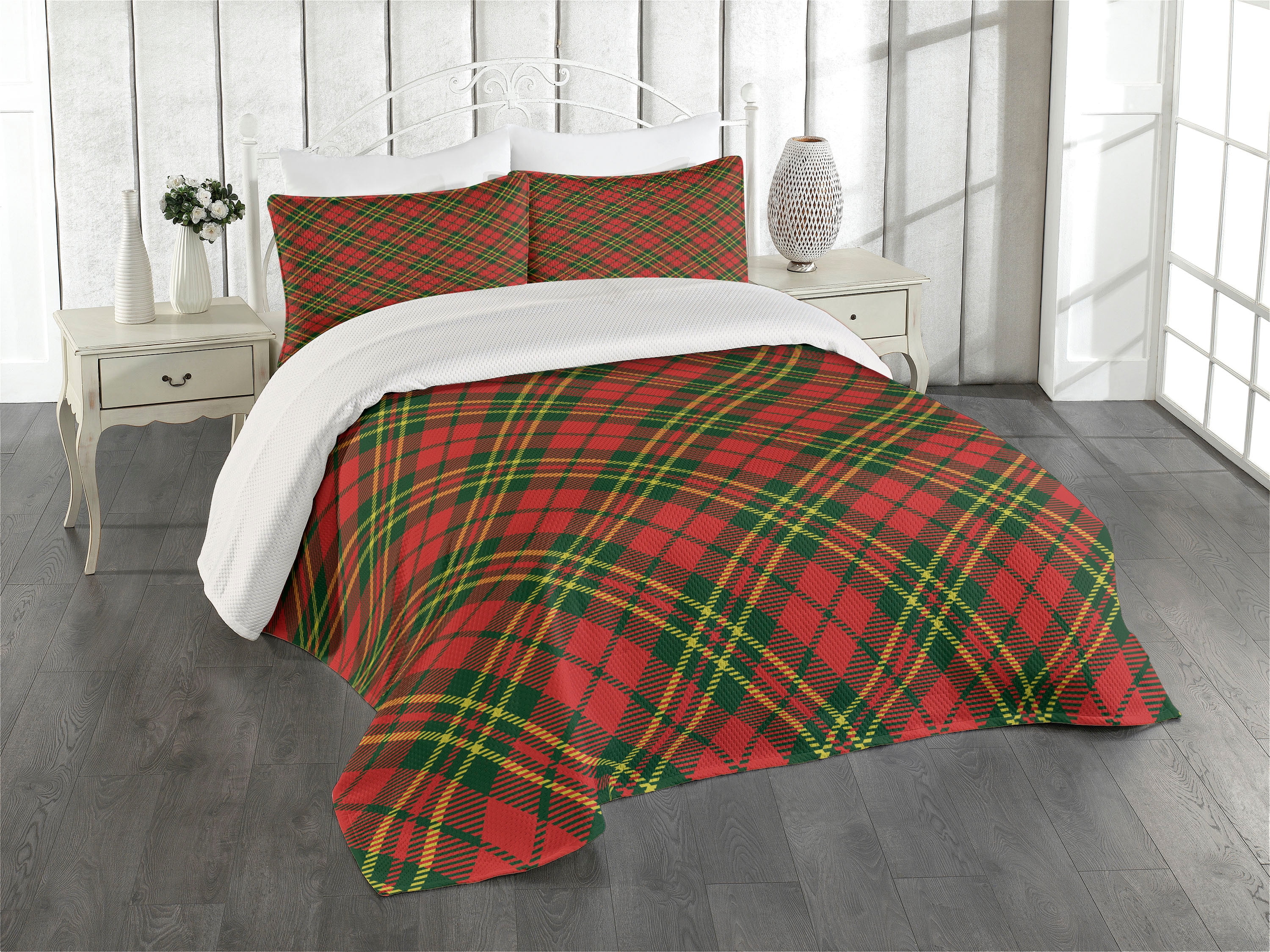 Emerald Yellow Vermilion Plaid Queen Bedspread Set