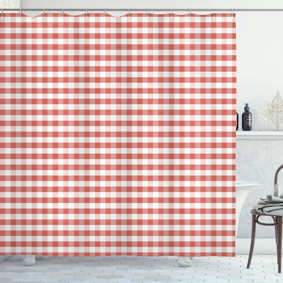 Ambesonne Checkered Shower Curtain, Gingham Check Classic Art, 69"Wx84"L, Coral White