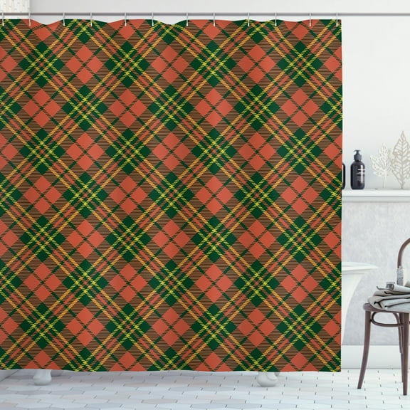 Ambesonne Checkered Shower Curtain, Irish Tartan Xmas, 69"Wx84"L, Emerald Yellow Vermilion