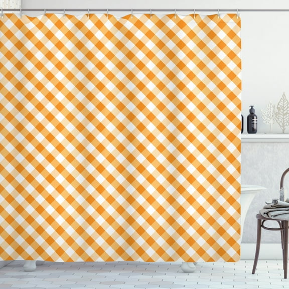 Ambesonne Checkered Shower Curtain, Orange Gingham Tile, 69"Wx70"L, Orange White