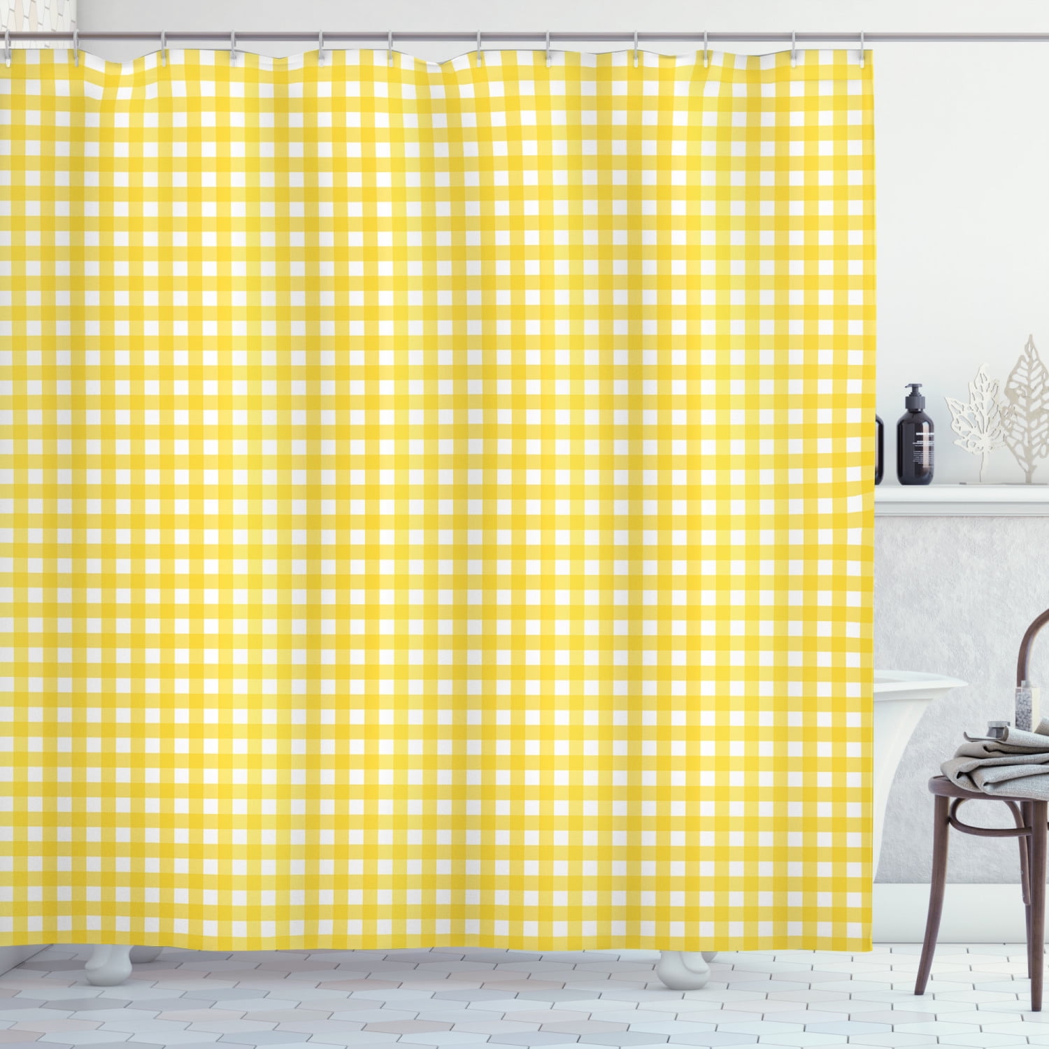 Yellow and White Checkered Water Resistant Fabric Shower Curtain