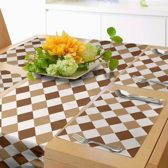 Ambesonne Checkered Table Runner & Placemats, Brown Tones Squares Art, Placemat 4 pcs + Runner 14"x90", Pale Brown and Chocolate