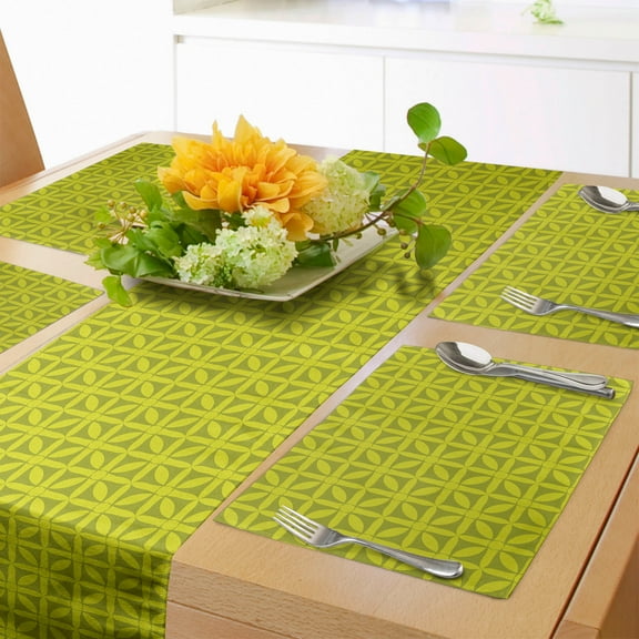 Ambesonne Checkered Table Runner & Placemats, Geometric Victorian Motif, Placemat 4 pcs + Runner 12"x72", Lime Green