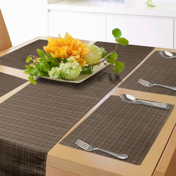 Ambesonne Checkered Table Runner & Placemats, Scottish Geometric, Placemat 4 pcs + Runner 12"x90", Charcoal Grey Pale Brown