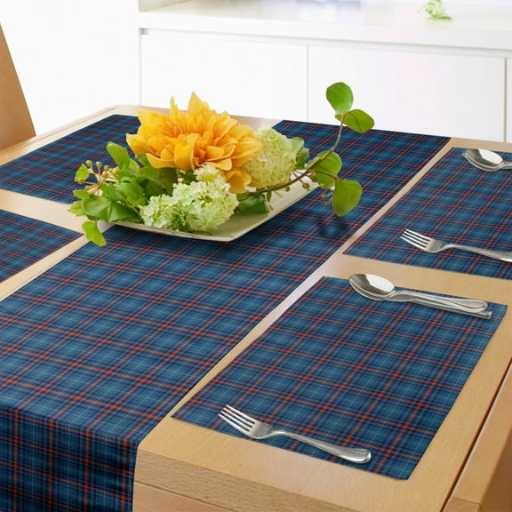Ambesonne Checkered Table Runner & Placemats, Thin Lines in Blue, Placemat 4 pcs + Runner 16"x72", Blue Navy Blue Red