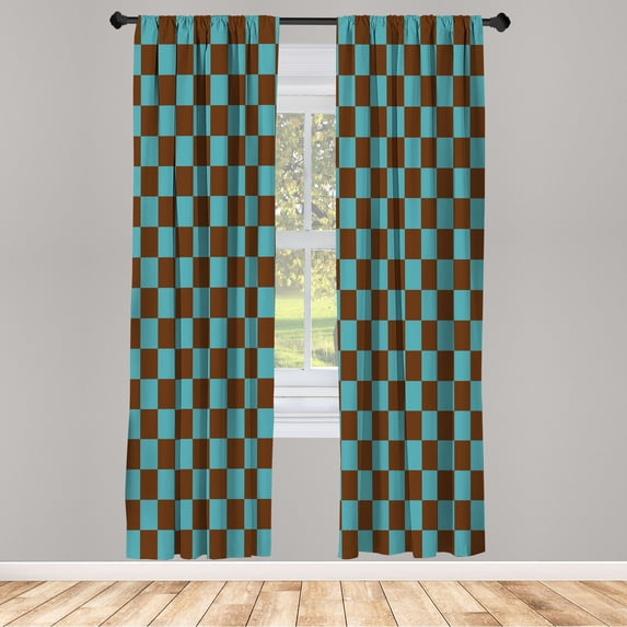 Ambesonne Checkers Game Curtains, Grid Style Monochrome, Pair of 28"x95", Teal Brown
