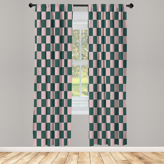 Ambesonne Checkers Game Curtains, Grid Style Monochrome, Pair of 28"x95", Teal Pink